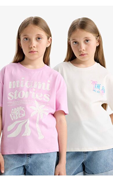 DeFacto Kız Çocuk Relax Fit Bisiklet Yaka Baskılı 2'li Kısa Kollu Tişört