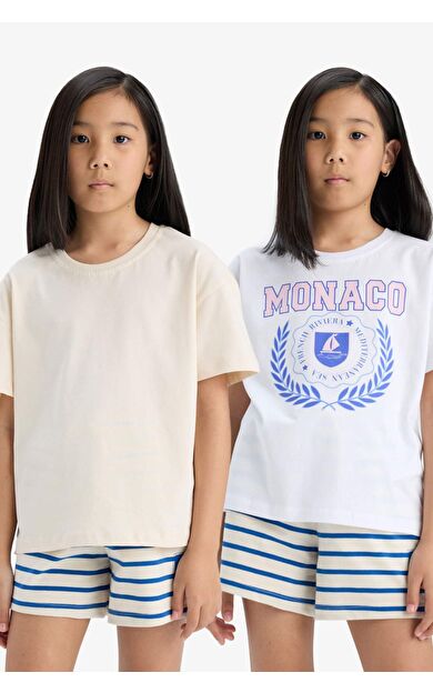 DeFacto Kız Çocuk Relax Fit Bisiklet Yaka 2'li Kısa Kollu Tişört D9430A825SMER42