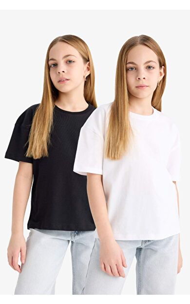 DeFacto Kız Çocuk Relax Fit Bisiklet Yaka Basic Düz 2'li Kısa Kollu Tişört