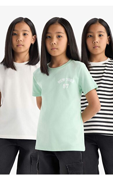 DeFacto Kız Çocuk Relax Fit Bisiklet Yaka 3'lü Kısa Kollu Tişört