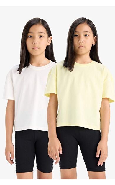 Kız Çocuk Relax Fit Bisiklet Yaka 2'li Kısa Kollu Tişört