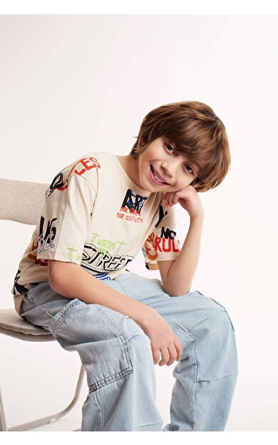 DeFacto Erkek Çocuk Bisiklet Yaka Baskılı Kısa Kollu Tişört D9492A825SMBG74