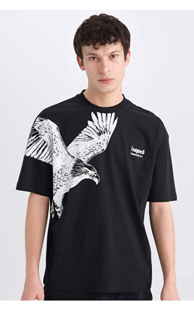 DeFacto Oversize Geniş Kalıp Bisiklet Yaka Baskılı Baskılı Kısa Kollu Tişört D9506AX25SPBK81