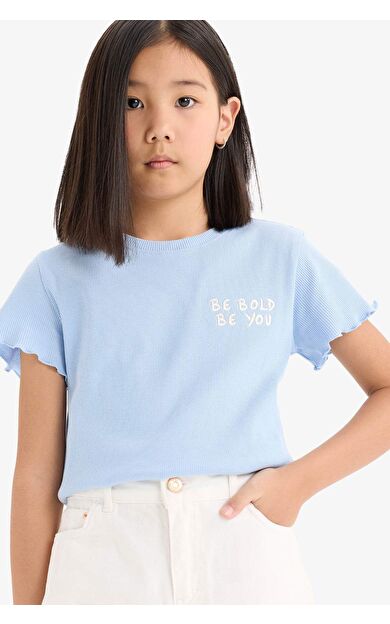 DeFacto Kız Çocuk Slim Fit Dar Kesim Bisiklet Yaka Baskılı Fitilli Kaşkorse Kısa Kollu Tişört D9537A825SMBE745