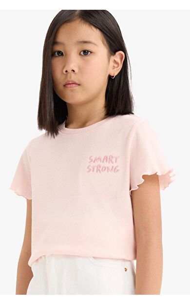 DeFacto Kız Çocuk Slim Fit Dar Kesim Bisiklet Yaka Baskılı Fitilli Kaşkorse Kısa Kollu Tişört D9537A825SMPN447