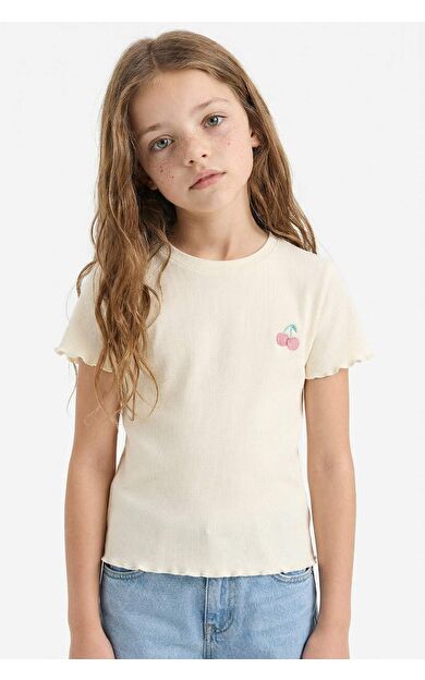 DeFacto Kız Çocuk Slim Fit Dar Kesim Bisiklet Yaka Baskılı Fitilli Kaşkorse Kısa Kollu Tişört D9538A825SMER235