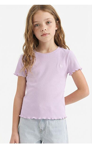 DeFacto Kız Çocuk Slim Fit Dar Kesim Bisiklet Yaka Baskılı Fitilli Kaşkorse Kısa Kollu Tişört D9538A825SMPR143