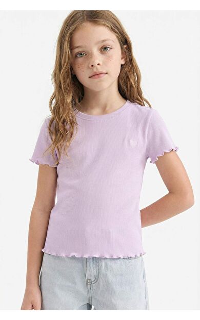 DeFacto Kız Çocuk Slim Fit Dar Kesim Bisiklet Yaka Baskılı Fitilli Kaşkorse Kısa Kollu Tişört D9538A825SMPR143