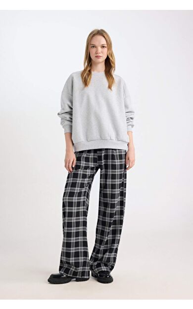 Wide Leg Geniş Bol Paça Kareli Normal Bel Lastikli Cepli Pijama Pantolon