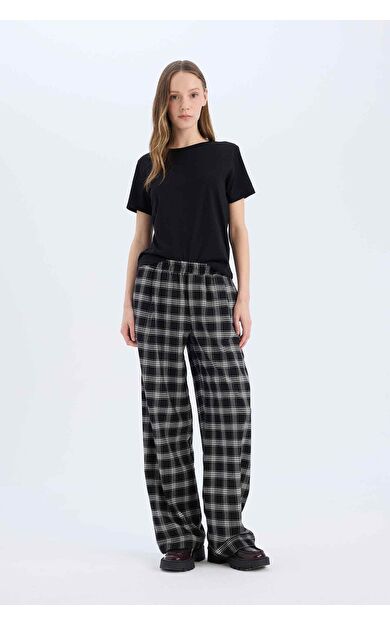 DeFacto Pijama Pantolon Wide Leg Geniş Bol Paça Kareli Normal Bel Lastikli Cepli