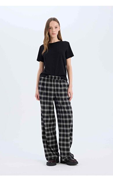 DeFacto Pijama Pantolon Wide Leg Geniş Bol Paça Kareli Normal Bel Lastikli Cepli