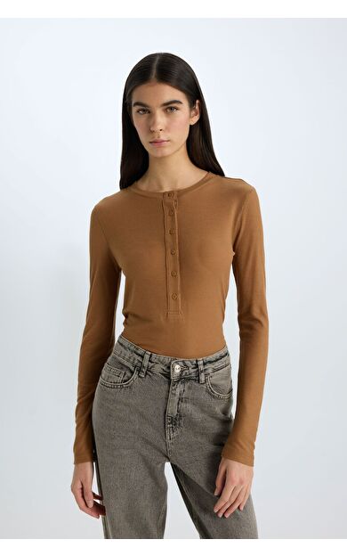 DeFacto Slim Fit Dar Kesim Bisiklet Yaka Casual Fitilli Kaşkorse Uzun Kollu Tişört