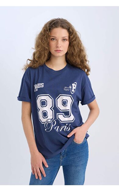 DeFacto Oversize Geniş Kalıp Bisiklet Yaka Baskılı Kısa Kollu Tişört D9611AX25SMIN231