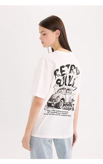 DeFacto Oversize Geniş Kalıp Bisiklet Yaka Sırt Baskılı Kısa Kollu Tişört D9612AX25SMWT32