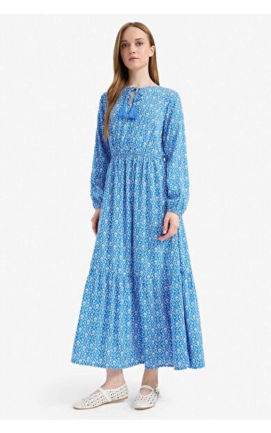 Bisiklet Yaka Baskılı Viskon Uzun Kollu Elbise