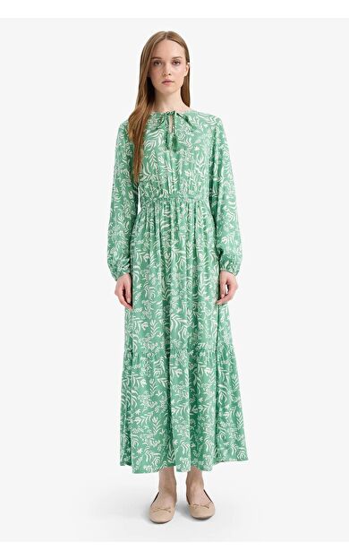 Bisiklet Yaka Desenli Viskon Uzun Kollu Maxi Elbise