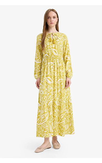 Bisiklet Yaka Desenli Viskon Uzun Kollu Maxi Elbise