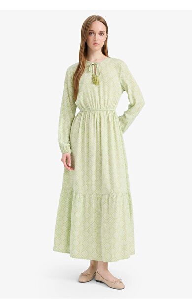 Bisiklet Yaka Desenli Viskon Uzun Kollu Maxi Elbise