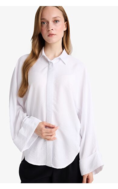 DeFacto Relax Fit Basic Düz Keten Karışımlı Uzun Kollu Tesettür Gömlek Tunik