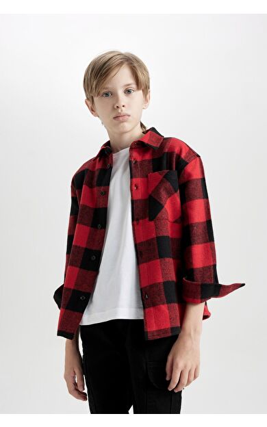 DeFacto Erkek Çocuk Oversize Fit Polo Yaka Pamuklu Uzun Kollu Gömlek