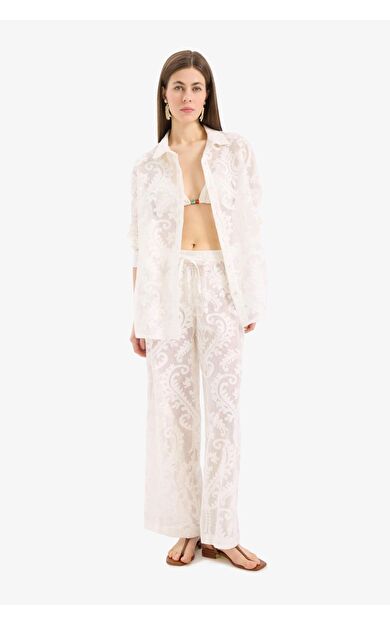 Dantelli Esnek Belli Beyaz Plaj Pantolonu-Fall in Love D9767AX25SMWT16