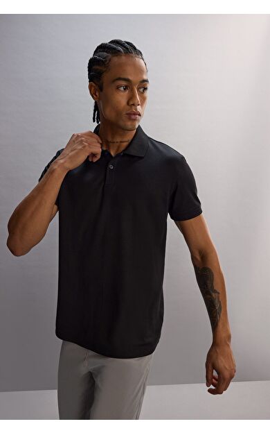 DeFacto DeFactoFit Slim Fit Dar Kesim Sporcu Kısa Kollu Pike Polo Tişört D9779AX25SPBK81