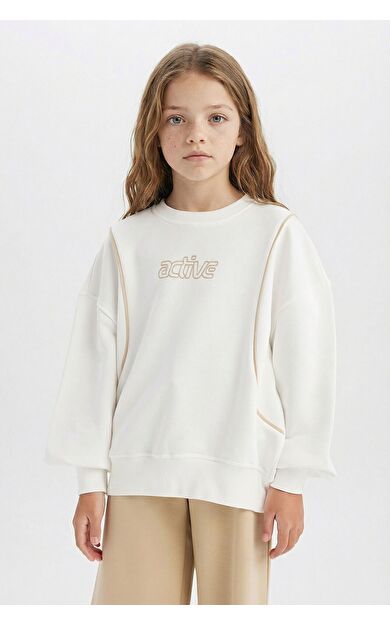 DeFacto Kız Çocuk Oversize Geniş Kalıp Bisiklet Yaka Slogan Baskılı Sweatshirt D9784A825SPER105