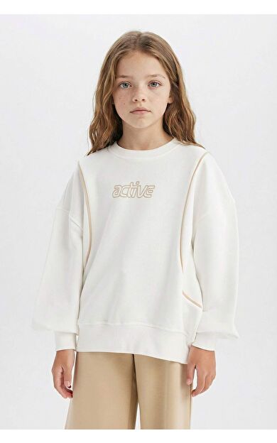 DeFacto Kız Çocuk Oversize Geniş Kalıp Bisiklet Yaka Slogan Baskılı Sweatshirt D9784A825SPER105