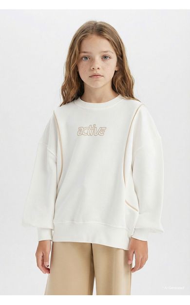 DeFacto Kız Çocuk Oversize Geniş Kalıp Bisiklet Yaka Slogan Baskılı Sweatshirt D9784A825SPER105