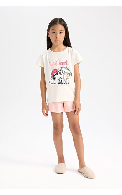 DeFacto Kız Çocuk Snoopy Pijama Takımı Kısa Kollu Üst Beli Lastikli Kısa Şort