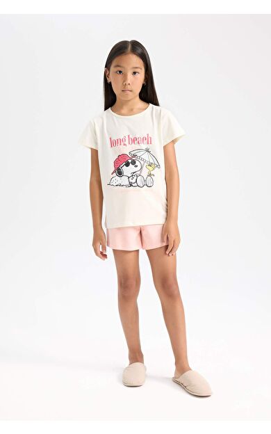 DeFacto Kız Çocuk Snoopy Pijama Takımı Kısa Kollu Üst Beli Lastikli Kısa Şort