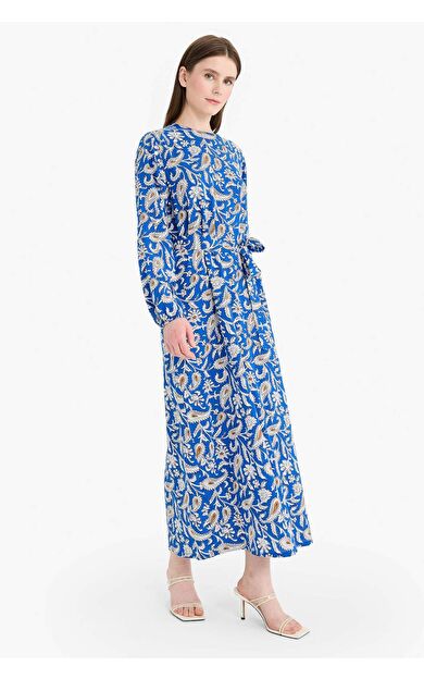 Regular Fit Bisiklet Yaka Baskılı Uzun Kollu Elbise