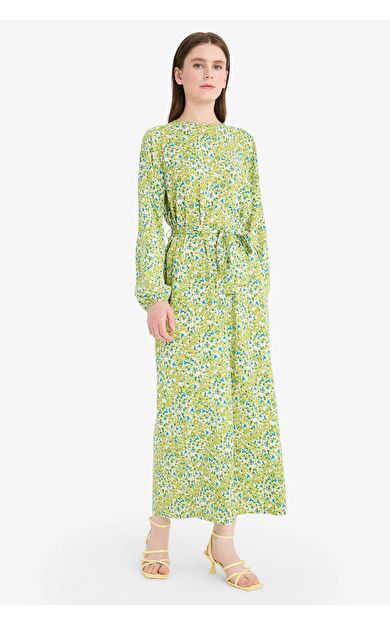 Regular Fit Bisiklet Yaka Çiçek Desenli Uzun Kollu Maxi Elbise
