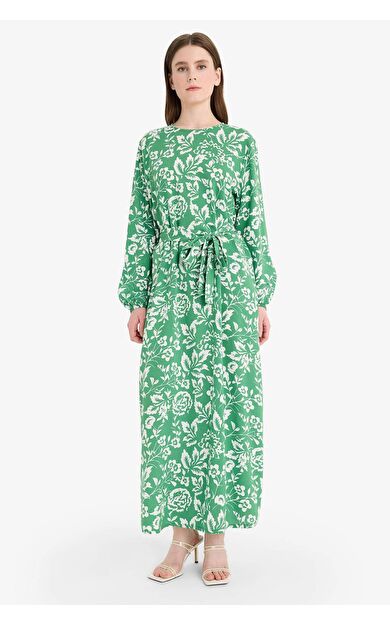 Regular Fit Bisiklet Yaka Baskılı Uzun Kollu Elbise