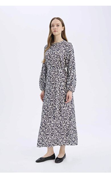 Regular Fit Bisiklet Yaka Desenli Uzun Kollu Maxi Elbise