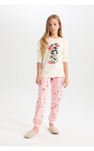 DeFacto Kız Çocuk PowerPuff Girls Uzun Kollu Üst Desenli Beli Lastikli Uzun Alt Pijama Takımı