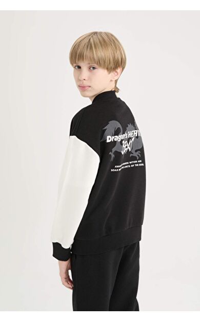 DeFacto Erkek Çocuk Sırt Baskılı Kolej Yaka Kalın Bomber Hırka