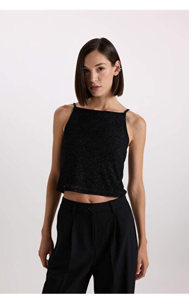 Yılbaşı Temalı Slim Fit Dar Kesim Tül Askılı Bluz