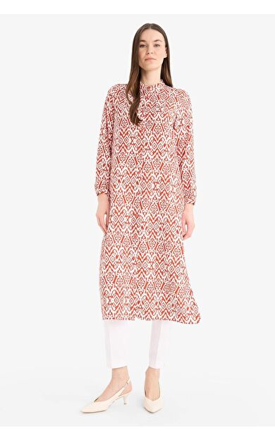 Regular Fit Desenli Dik Yaka Uzun Kollu Diz Altı Tunik