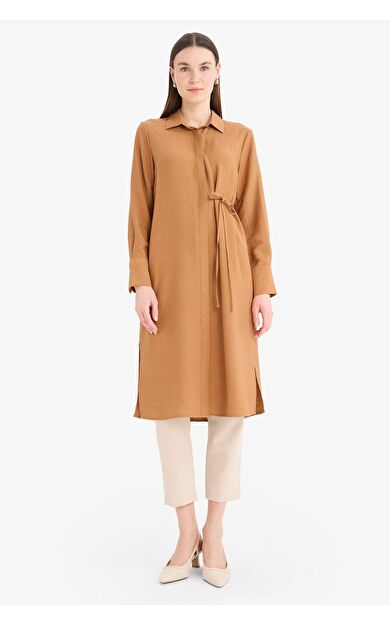 Regular Fit Gömlek Yaka Büzgülü Uzun Kollu Diz Altı Tunik