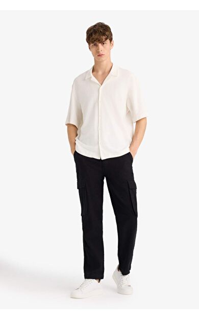 DeFacto %100 Pamuk Relax Fit Keten Görünümlü Fermuarlı Düz Paça Pantolon