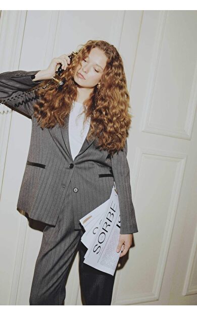 Sorbe x DeFacto Oversize Fit Geniş Kalıp Ceket Yaka Çizgili Düğme Kapamalı Blazer Ceket