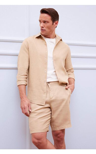 DeFacto %100 Keten Regular Fit Polo Yaka Yazlık Uzun Kollu Gömlek D9925AX25SPBG732