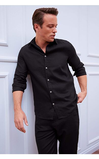 DeFacto %100 Keten Regular Fit Polo Yaka Yazlık Uzun Kollu Gömlek D9925AX25SPBK81