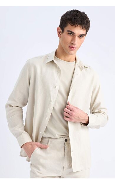 DeFacto %100 Keten Regular Fit Polo Yaka Yazlık Uzun Kollu Gömlek D9925AX25SPGR350