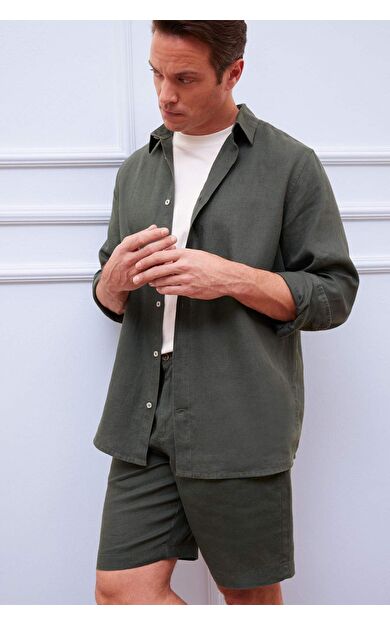 DeFacto Regular Fit Polo Yaka Keten Yazlık Uzun Kollu Gömlek D9925AX25SPKH498