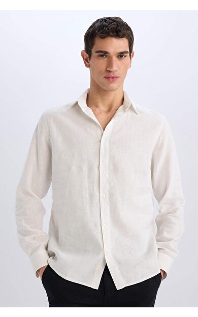DeFacto %100 Keten Regular Fit Polo Yaka Yazlık Uzun Kollu Gömlek D9925AX25SPWT33