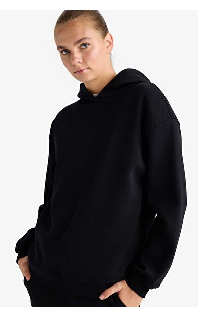 DeFacto Relax Fit Kapüşonlu Basic Düz Kalın Sweatshirt D9935AX25WNBK81