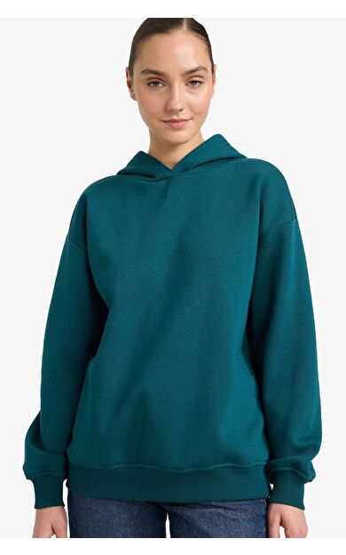 Okula Dönüş Relax Fit Kapüşonlu Basic Düz Kalın Sweatshirt Kumaşı Sweatshirt