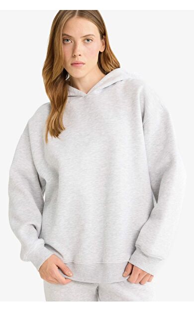 Relax Fit Kapüşonlu Basic Düz Kalın Sweatshirt D9935AX25WNGR93